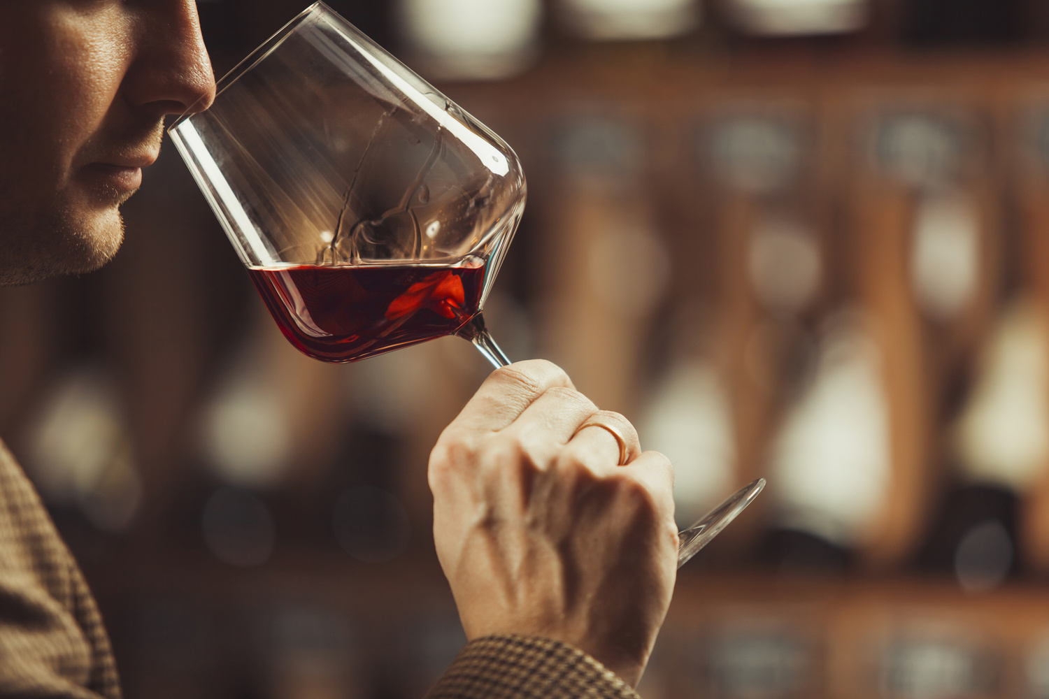 Close-up shot of young sommelier smell red wine on wine cellar background.